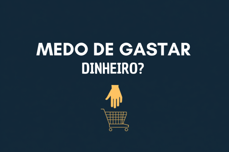 ilustração minimalista do medo de gastar dinheiro, mão parada sobre dinheiro, fundo azul-marinho e dourado