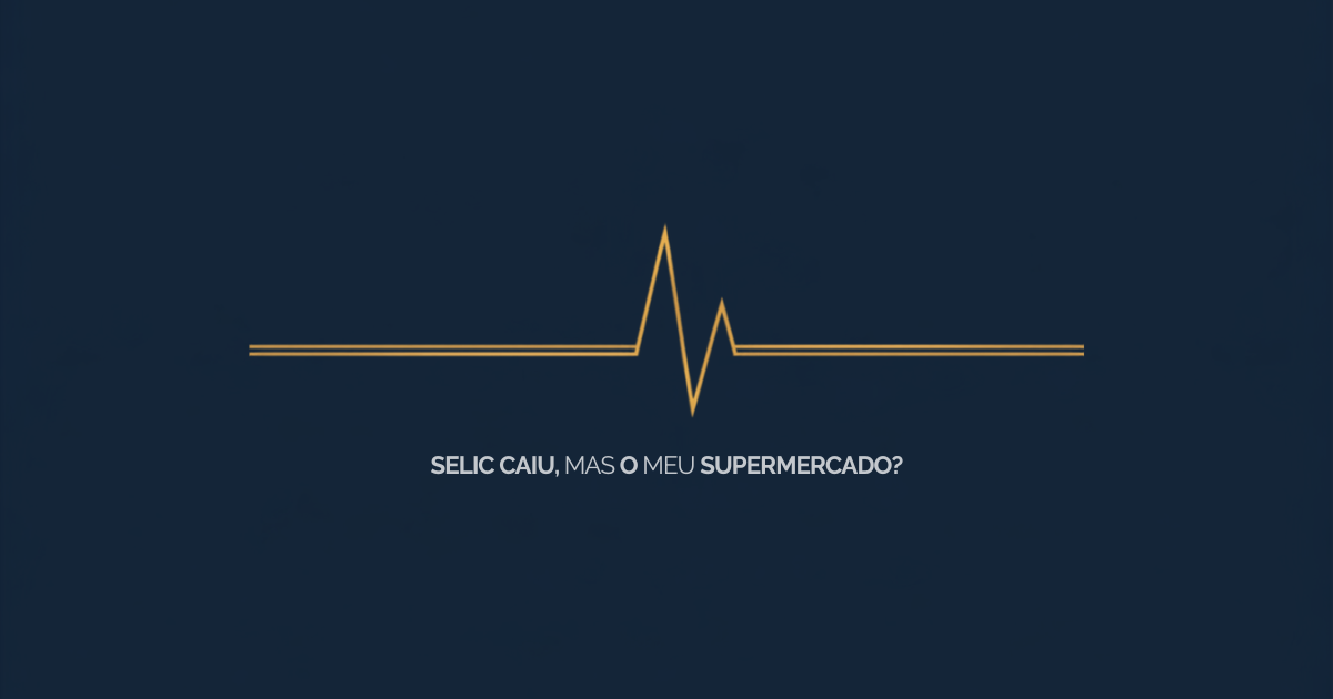 Gráfico simples mostrando a Selic caindo e voltando a subir, com o texto "Selic caiu e o Monstro do Supermercado?" — Selic caiu por que preço não caiu