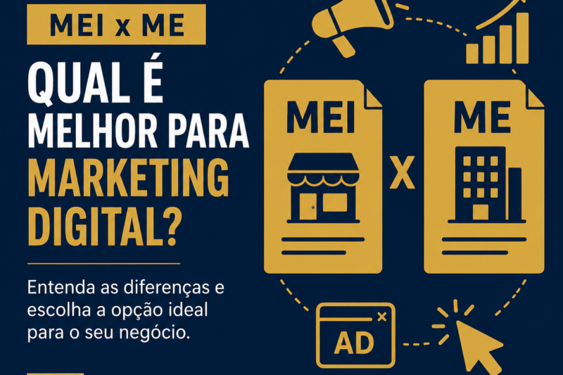 Ilustração navy e dourada sobre MEI x ME para marketing digital — quando virar me