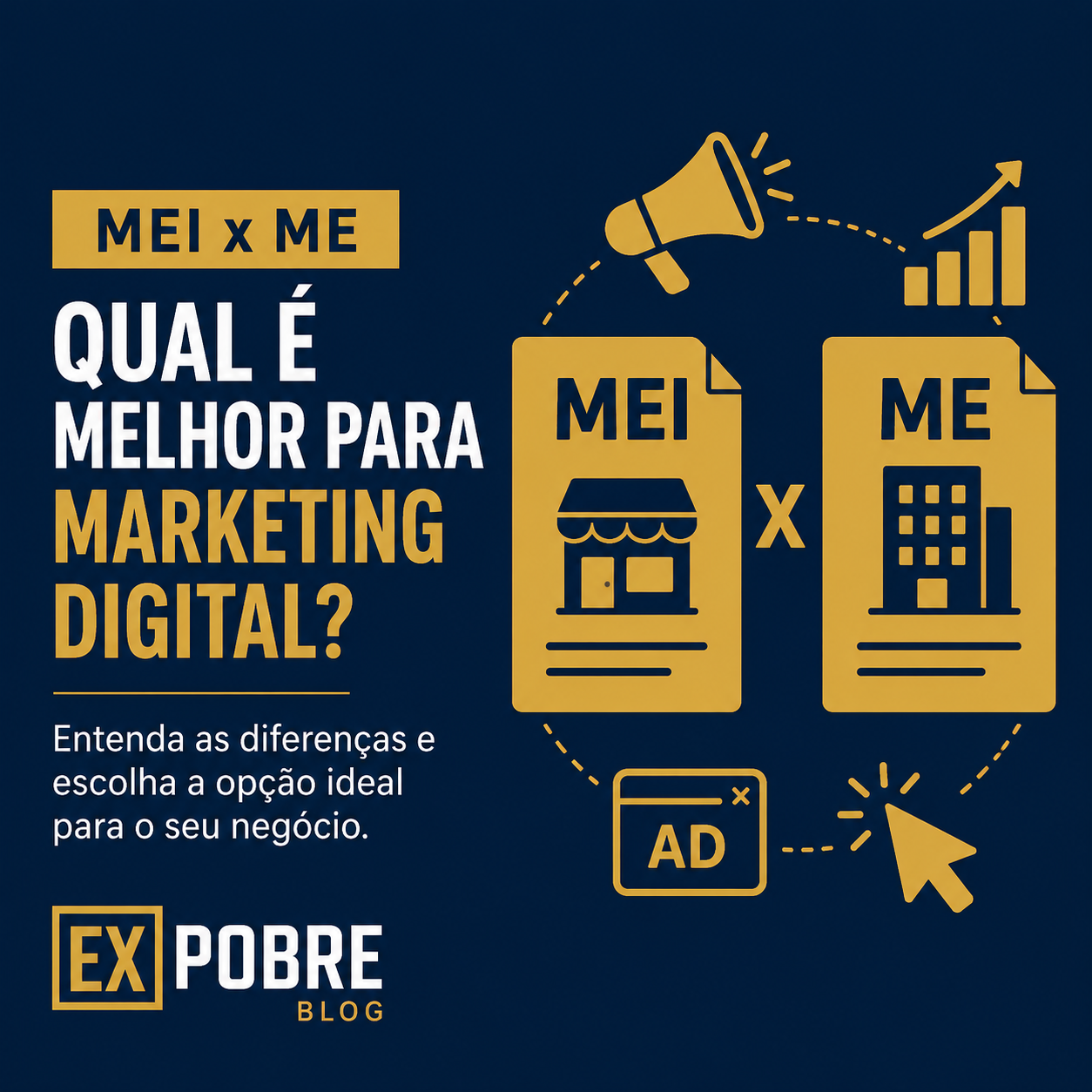 Ilustração navy e dourada sobre MEI x ME para marketing digital — quando virar me